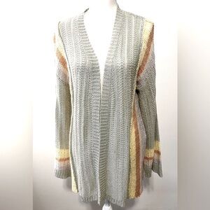 Mystree Open Front Lightweight Cardigan in Sage Green with Pastel Stripi…